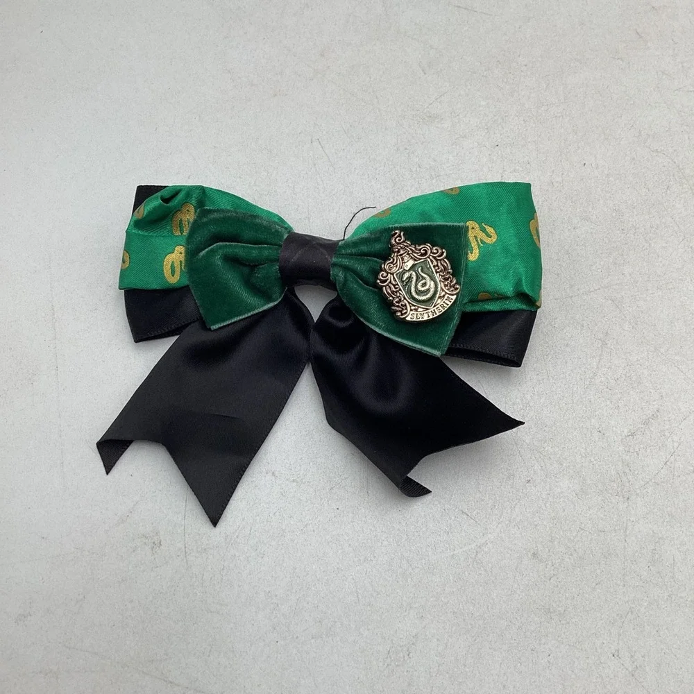 Harry Potter Slytherin House Hair Bow Green Velvet Satin Snake Crest Clip 5in